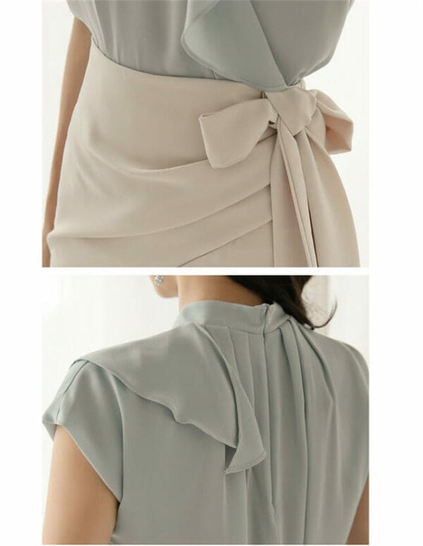 Flouncing Chiffon Blouse with Bowknot Waist Pleated Skirt 7