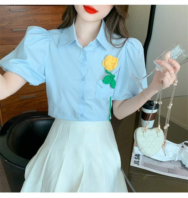 Fresh 2 Colors Shirt Collar Flower Brooch Puff Sleeve Blouse 6