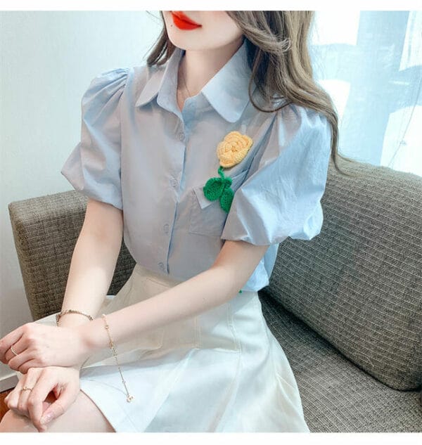 Fresh 2 Colors Shirt Collar Flower Brooch Puff Sleeve Blouse 4