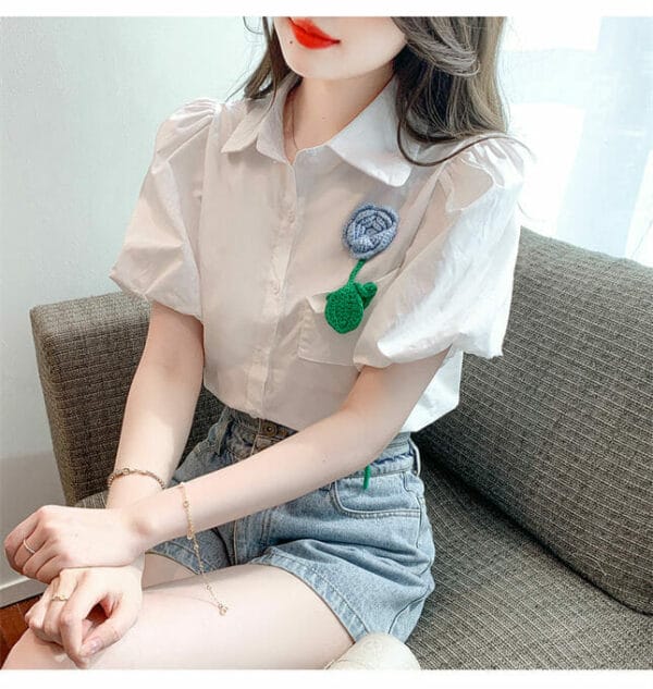 Fresh 2 Colors Shirt Collar Flower Brooch Puff Sleeve Blouse 2