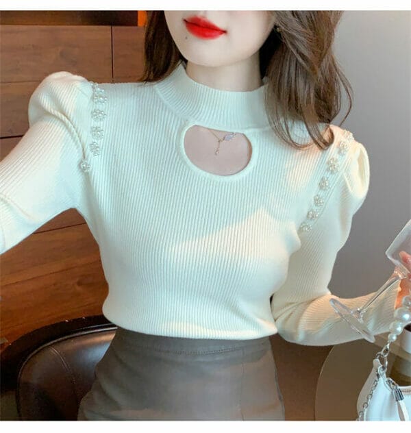 Fresh Fashion 3 Colors Beads Puff Sleeve Knitting T-shirt 6