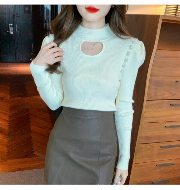 Fresh Fashion 3 Colors Beads Puff Sleeve Knitting T-shirt 5