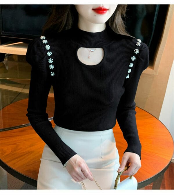 Fresh Fashion 3 Colors Beads Puff Sleeve Knitting T-shirt 4