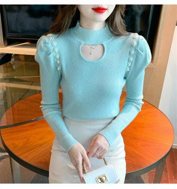 Fresh Fashion 3 Colors Beads Puff Sleeve Knitting T-shirt 2