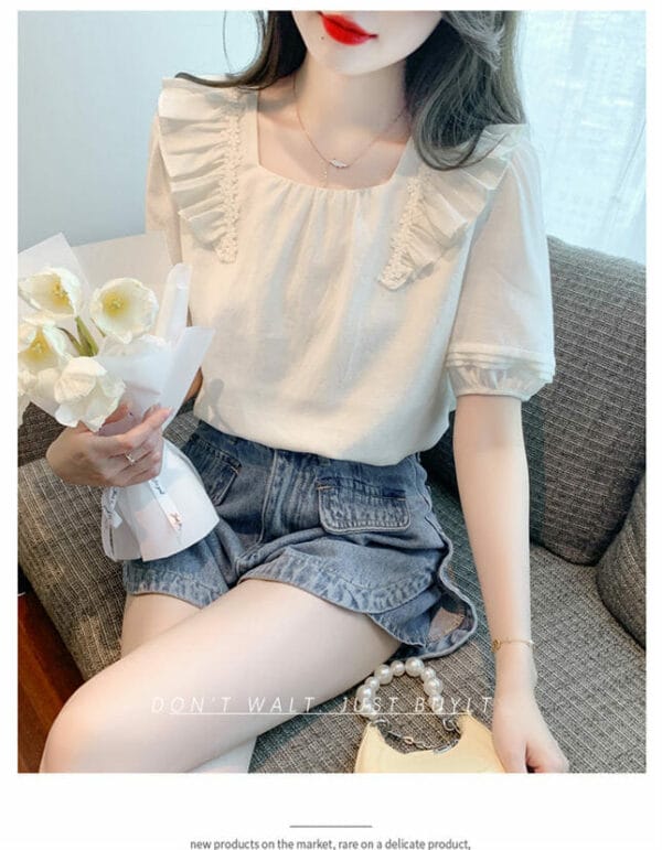 Fresh Fashion Flouncing Shoulder Square Collar Blouse 5