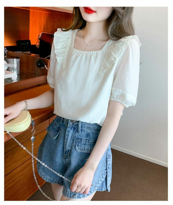 Fresh Fashion Flouncing Shoulder Square Collar Blouse 3