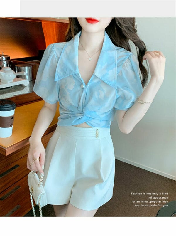 Fresh Fashion Twisted Tie Waist Shirt Collar Short Blouse 3