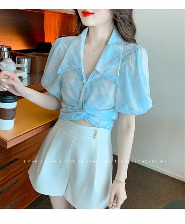 Fresh Fashion Twisted Tie Waist Shirt Collar Short Blouse 2