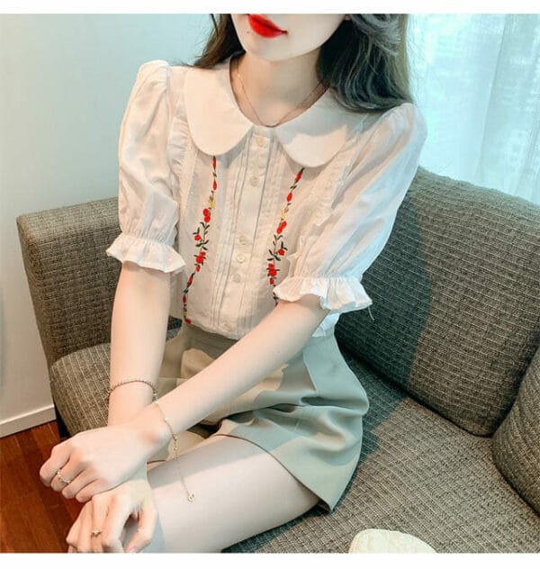 Fresh Girlish Doll Collar Flowers Embroidery Puff Sleeve Blouse 4