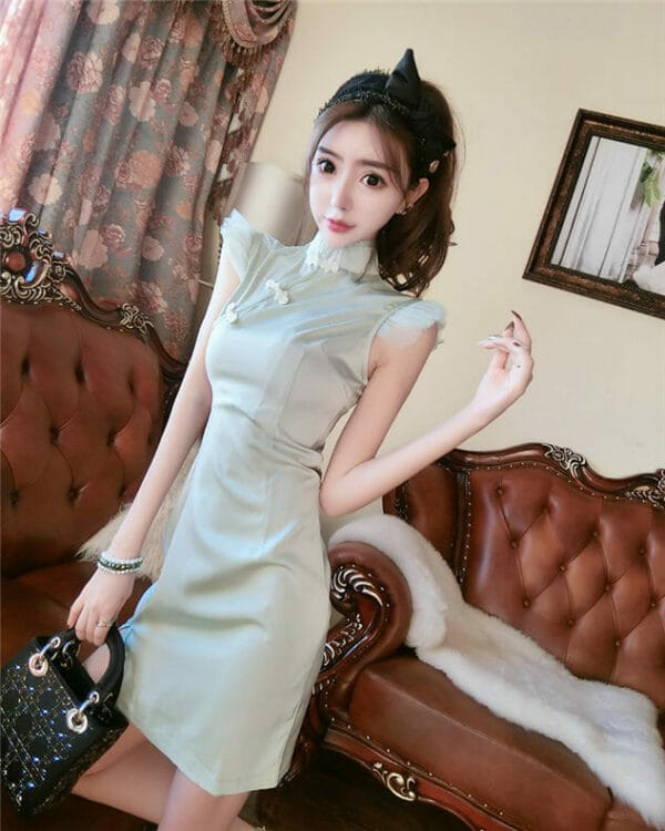 Fresh Girlish Frog Buttons Slim Tank Cheongsam Dress 3