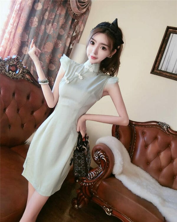 Fresh Girlish Frog Buttons Slim Tank Cheongsam Dress 2