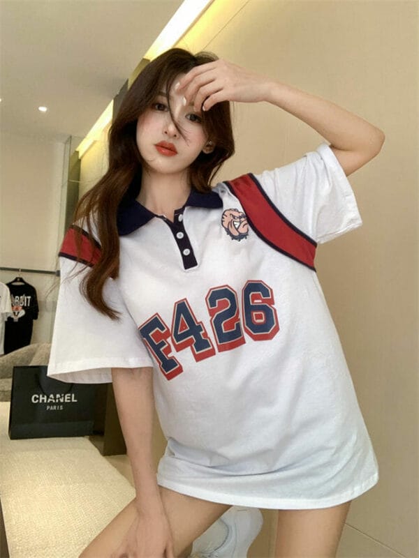 Fresh Girls Color Block Letters Printings Loosen Polo T-shirt 4