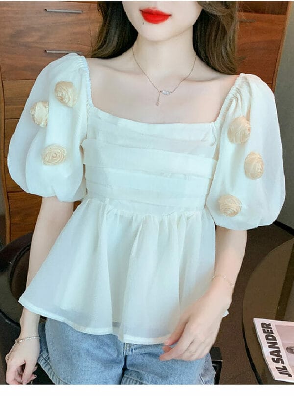 Fresh New Square Collar Beads Flowers Puff Sleeve Blouse 1