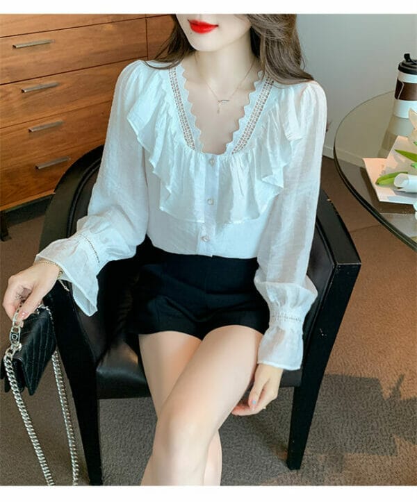 Grace Autumn Hollow Out V-neck Flouncing Puff Sleeve Blouse 5