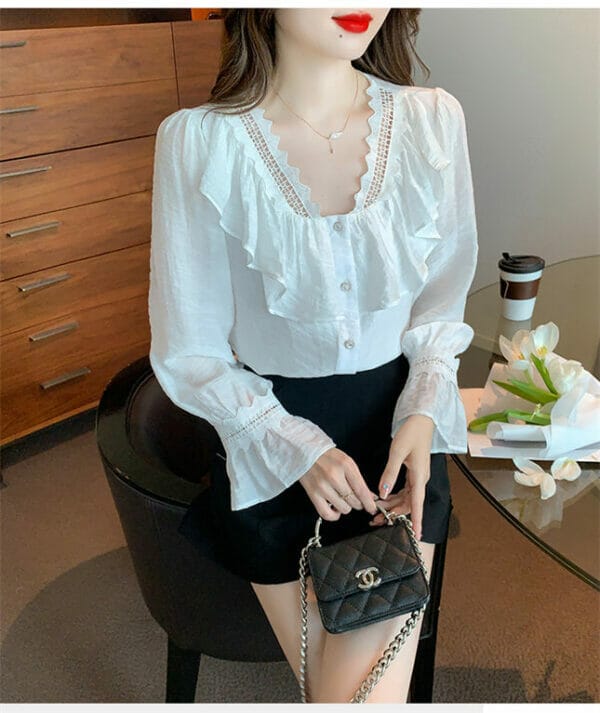 Grace Autumn Hollow Out V-neck Flouncing Puff Sleeve Blouse 4