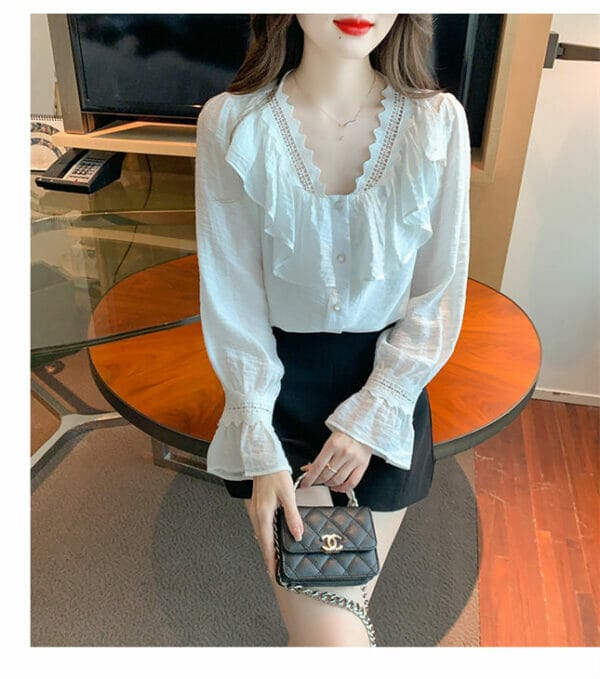 Grace Autumn Hollow Out V-neck Flouncing Puff Sleeve Blouse 3