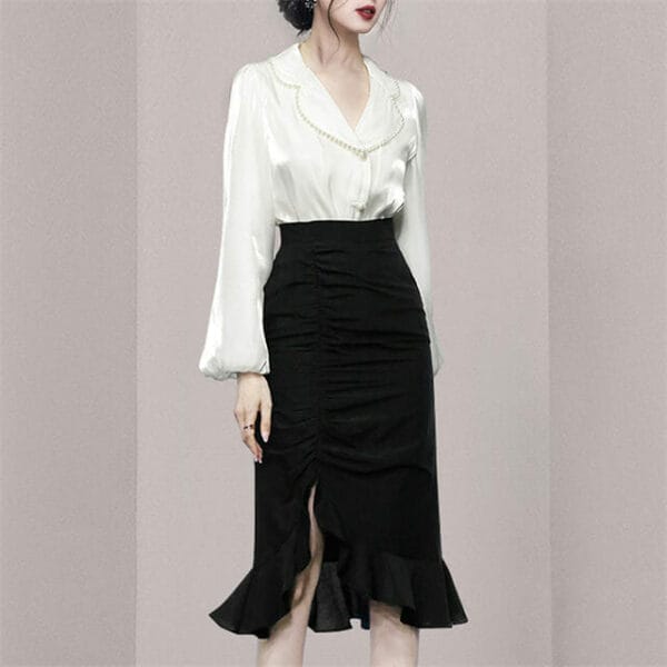 Grace Beads Doll Collar Puff Sleeve Blouse with Fishtail Long Skirt 4