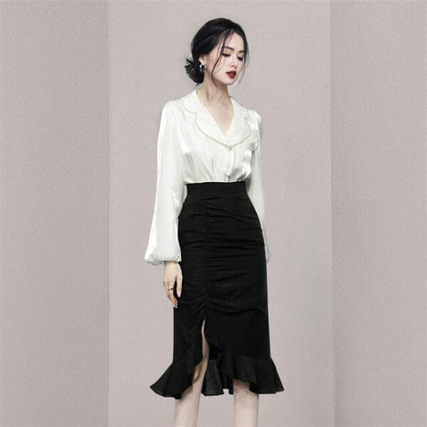 Grace Beads Doll Collar Puff Sleeve Blouse with Fishtail Long Skirt 2