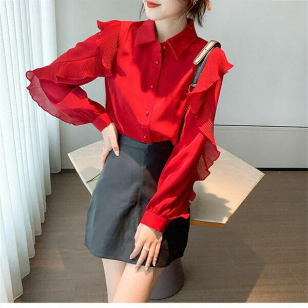 Grace Charm Shirt Collar Flouncing Puff Sleeve Chiffon Blouse 4