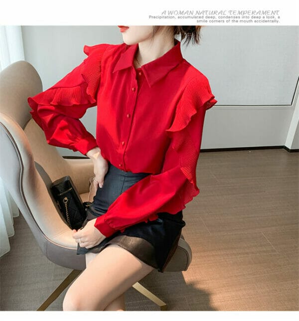 Grace Charm Shirt Collar Flouncing Puff Sleeve Chiffon Blouse 2