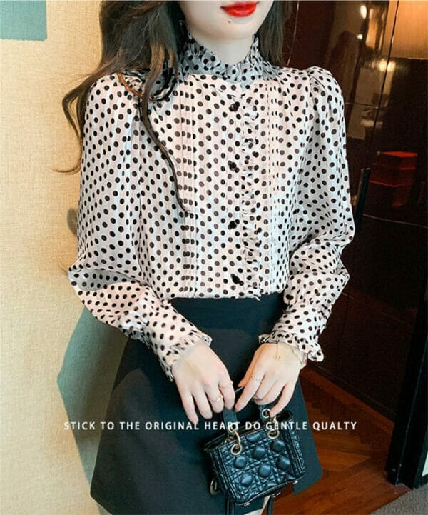 Grace Charming 2 Colors Stand Collar Dots Puff Sleeve Blouse 6