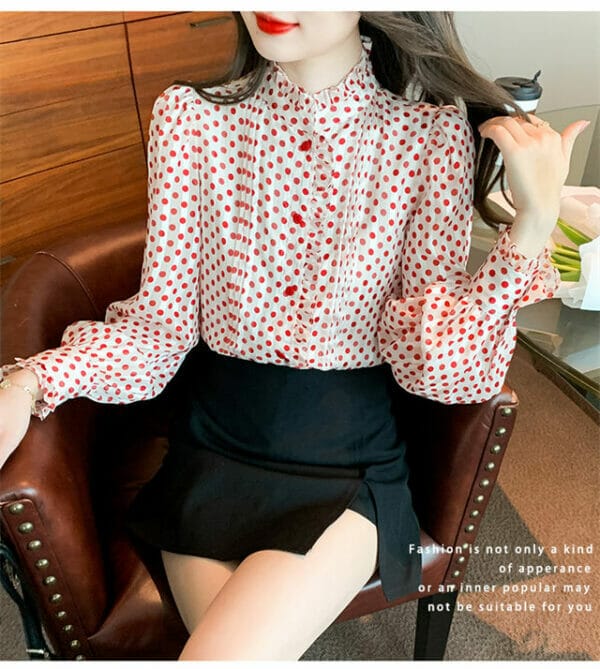 Grace Charming 2 Colors Stand Collar Dots Puff Sleeve Blouse 3