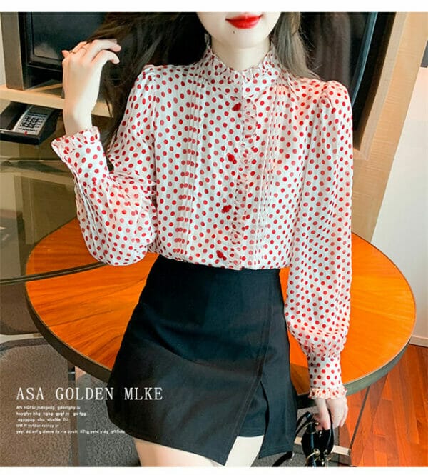 Grace Charming 2 Colors Stand Collar Dots Puff Sleeve Blouse 2