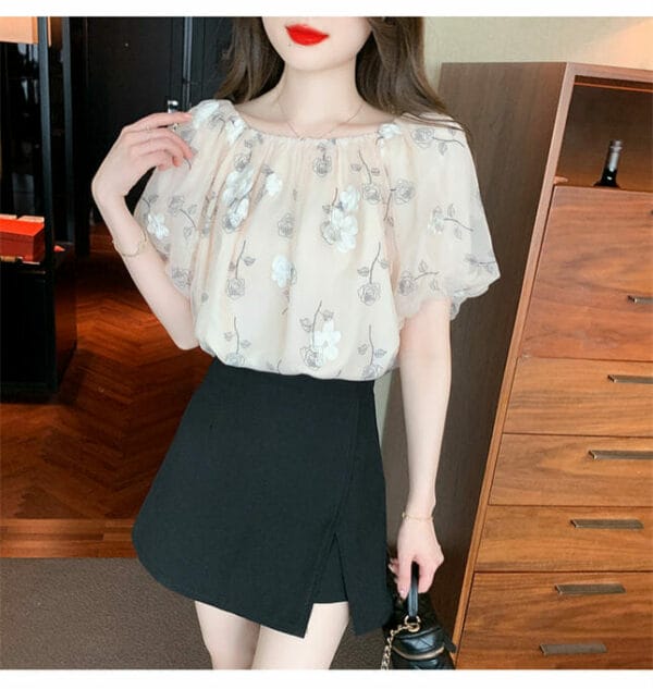 Grace Fashion Boat Neck Flowers Puff Sleeve Blouse 5