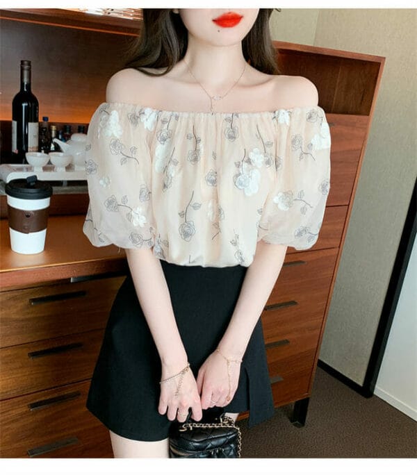 Grace Fashion Boat Neck Flowers Puff Sleeve Blouse 4