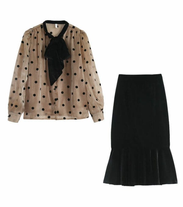 Grace Fashion Bowknot Dots Blouse with Velvet Fishtail Skirt 6