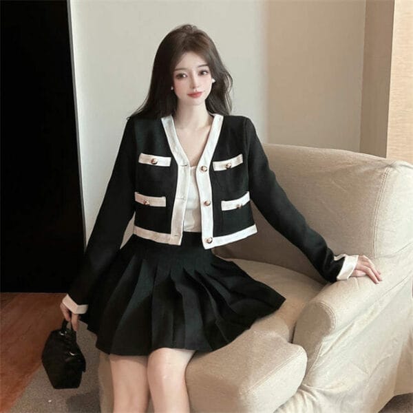 Grace Fashion Color Block Single-breasted Pleated Dress Set 4