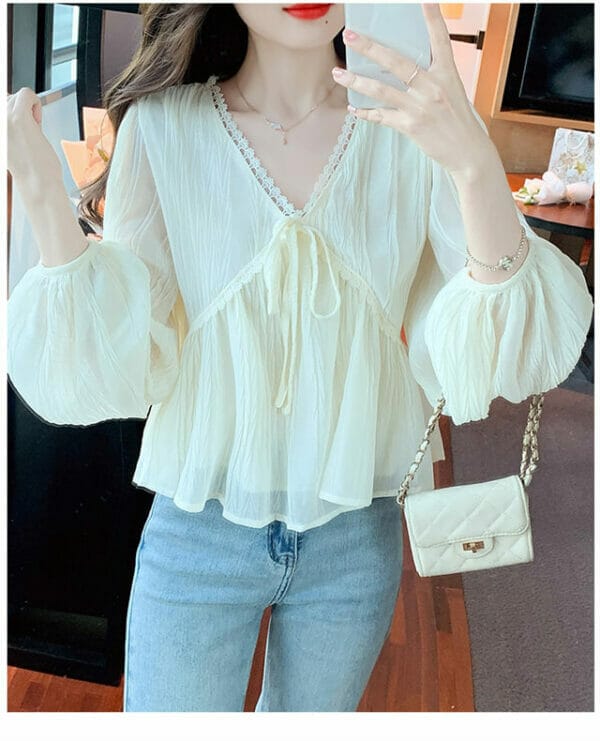 Grace Fashion Tie V-neck Flouncing Puff Sleeve Chiffon Blouse 5