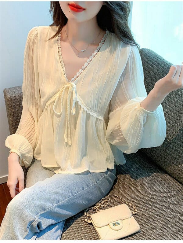 Grace Fashion Tie V-neck Flouncing Puff Sleeve Chiffon Blouse 4