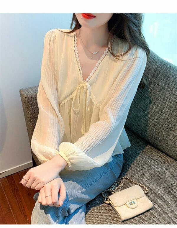 Grace Fashion Tie V-neck Flouncing Puff Sleeve Chiffon Blouse 3