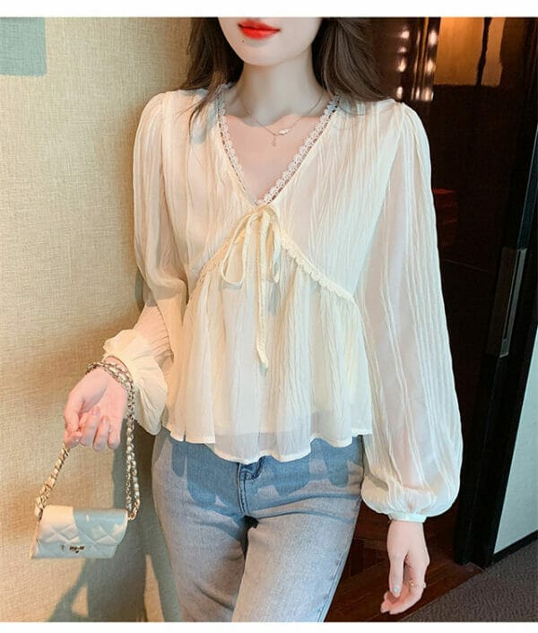 Grace Fashion Tie V-neck Flouncing Puff Sleeve Chiffon Blouse 2