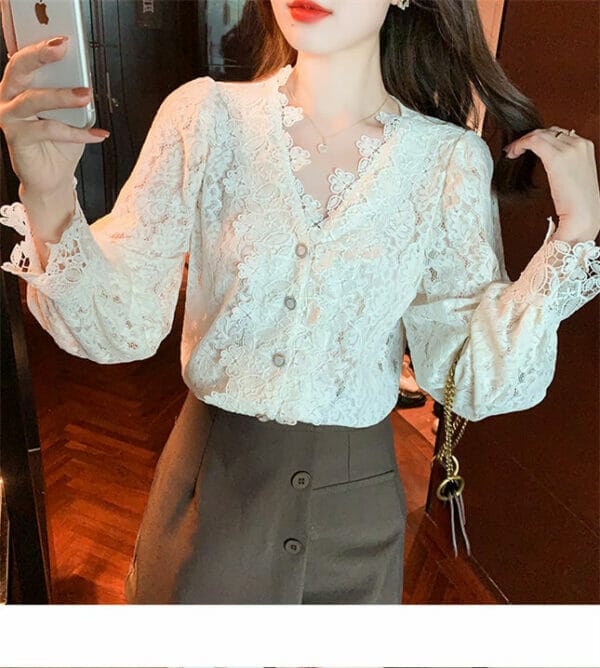 Grace Fashion V-neck Lace Flowers Long Sleeve Blouse 5