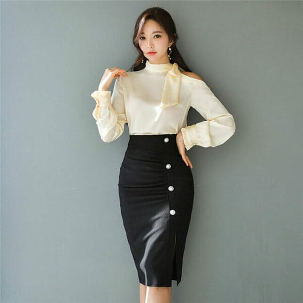 Grace Korea Tie Collar Blouse with Single-breasted Midi Skirt 2