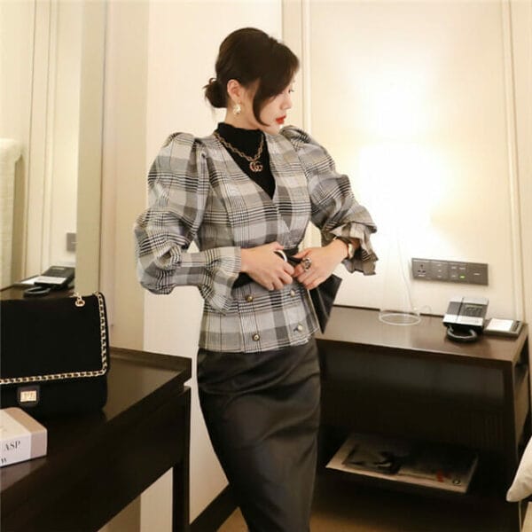 Grace Lady 2 Colors Plaids Puff Sleeve Blouse with Slim Leather Skirt 5