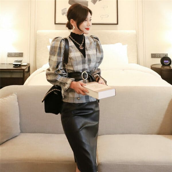 Grace Lady 2 Colors Plaids Puff Sleeve Blouse with Slim Leather Skirt 4