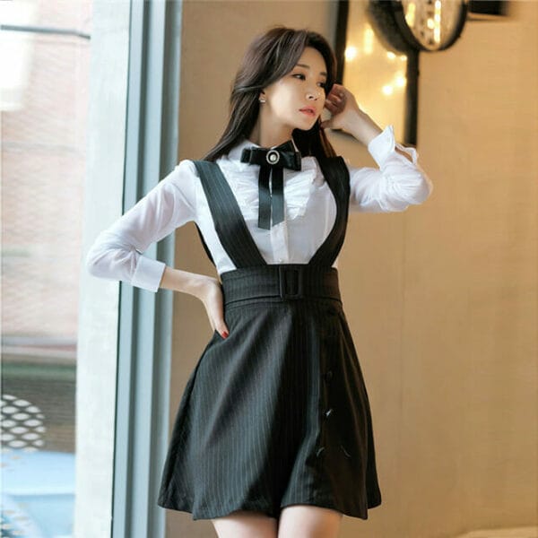 Grace Lady Bowknot Pleated Blouse with Stripes Straps Skirt 2