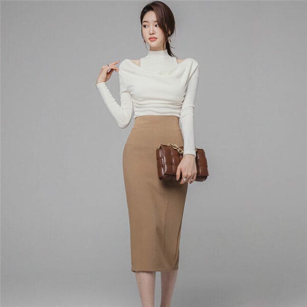 Grace Lady Heaps Collar Knitting Tops with Slim Midi Skirt 3