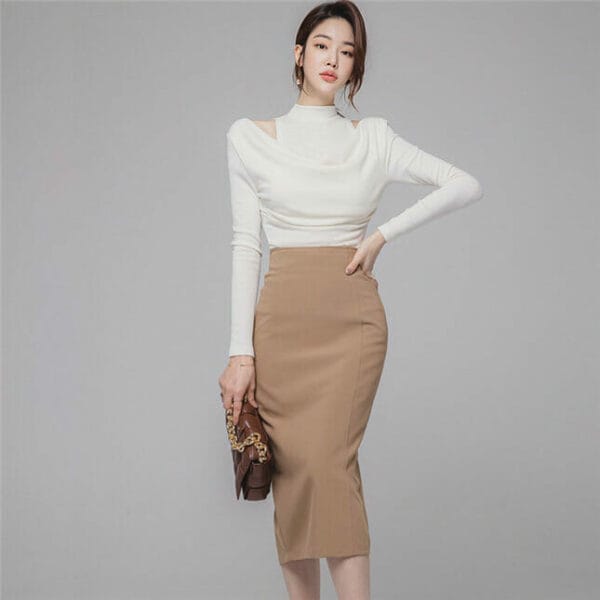 Grace Lady Heaps Collar Knitting Tops with Slim Midi Skirt 2