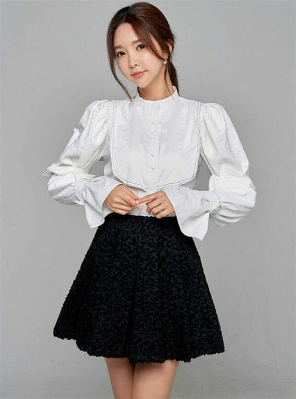 Grace Lady Puff Sleeve Blouse with Flouncing A-line Skirt 1
