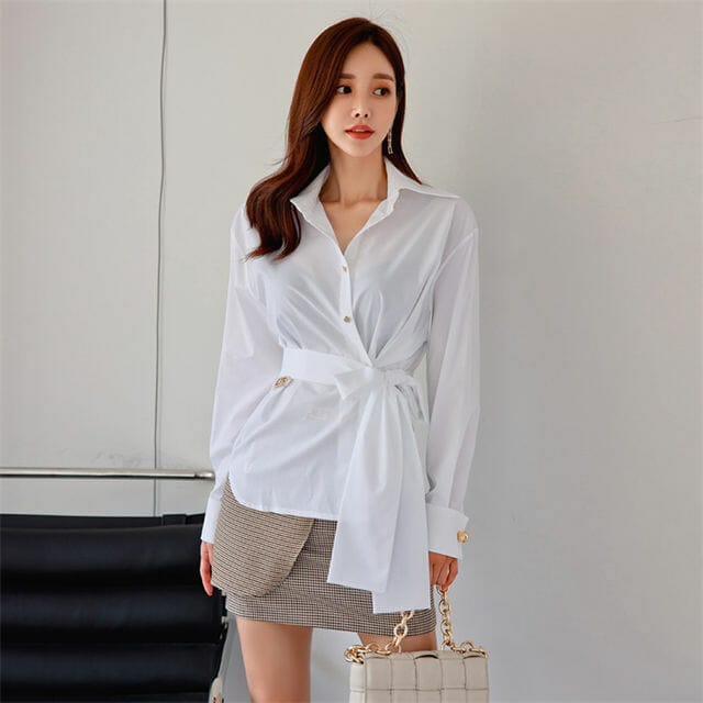 Grace Lady Tie Waist Loosen Blouse With Plaids Slim Skirt • Seoulinspired