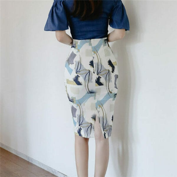 Grace Lady Zipper Boat Neck Blouse with Printings Midi Skirt 4