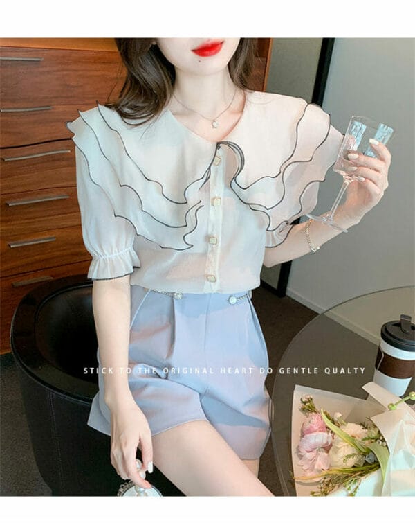 Grace Layered Flouncing Doll Collar Puff Sleeve Chiffon Blouse 4