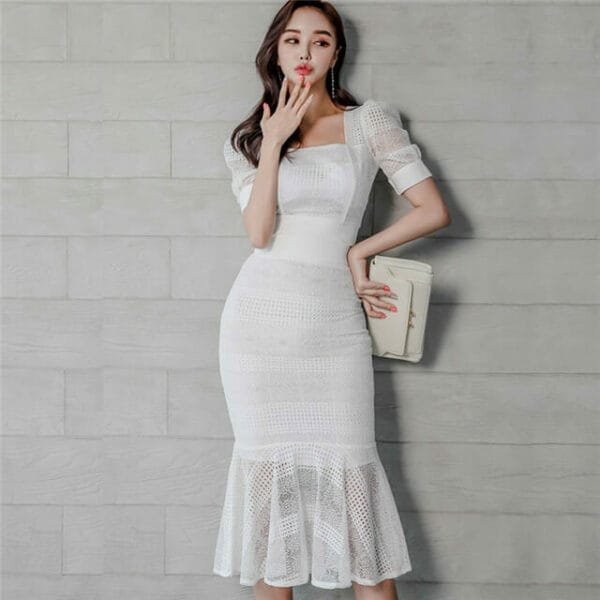 Grace OL Fashion Square Collar Fishtail Slim Lace Dress Set 5