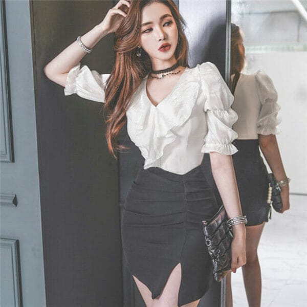 Grace OL Flouncing V-neck Blouse with Skinny Short Skirt 4