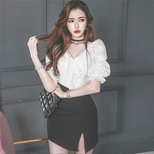 Grace OL Flouncing V-neck Blouse with Skinny Short Skirt 2