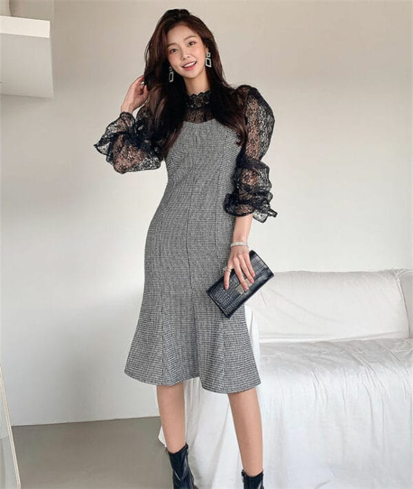 Grace OL Puff Sleeve Lace Blouse with Houndstooth Straps Dress 2